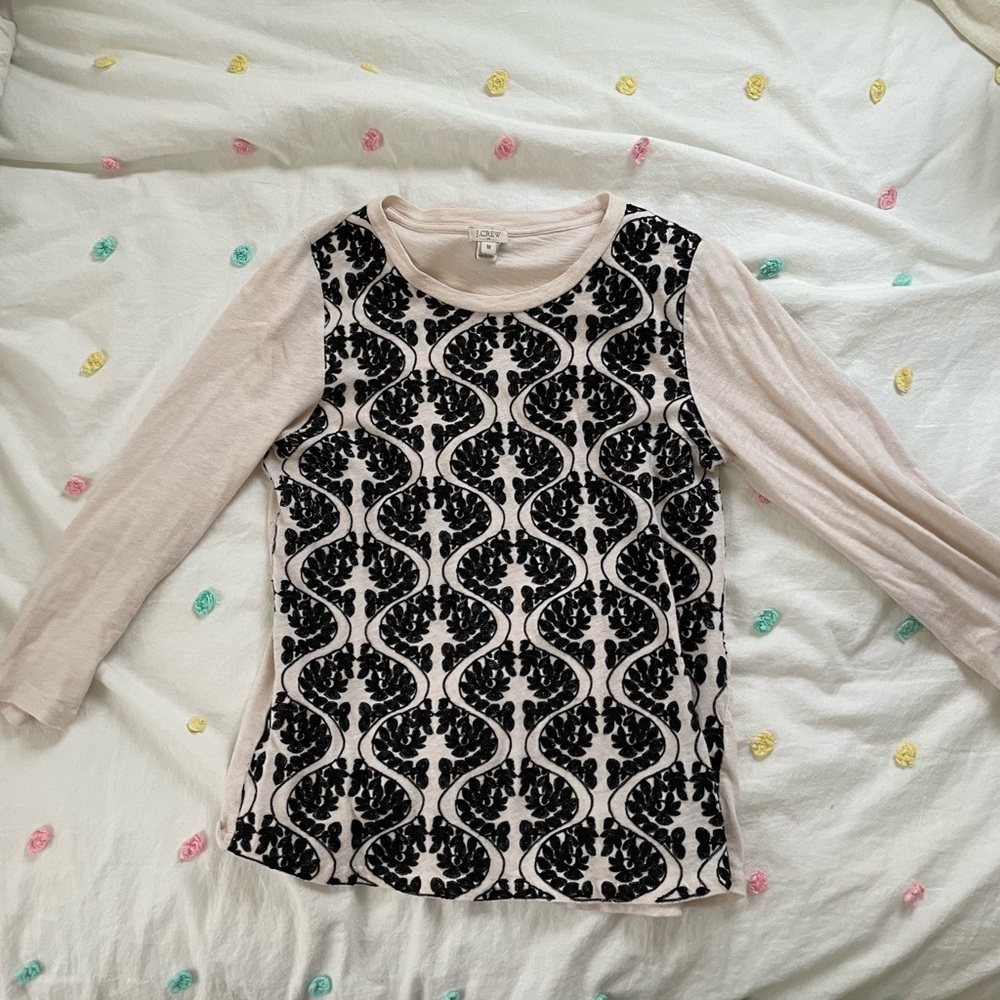 J. Crew Factory cream colored 3/4 length shirt with black lace detail